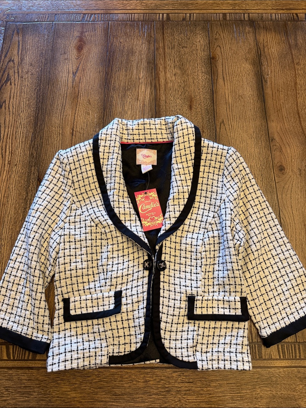 Candie's Black & White Tweed Cropped Blazer with Contrast Trim